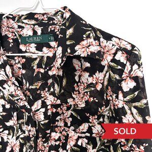 Lauren Ralph Lauren Women's Black Floral Print Preppy Button Up Shirt M Cotton